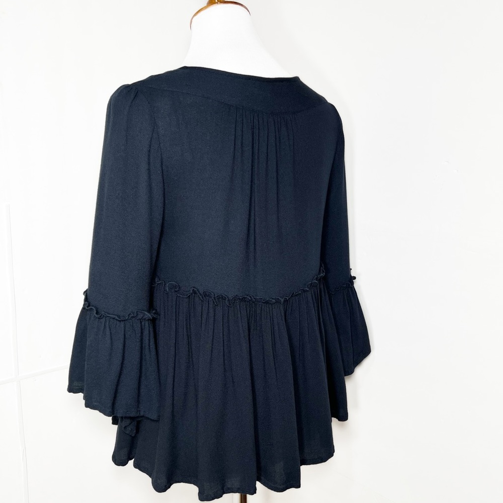 SOLD-Romeo+Juliet Couture Navy Blue Ruffled Tiered Bell Sleeve Tie Neck Top - Picture 5 of 10